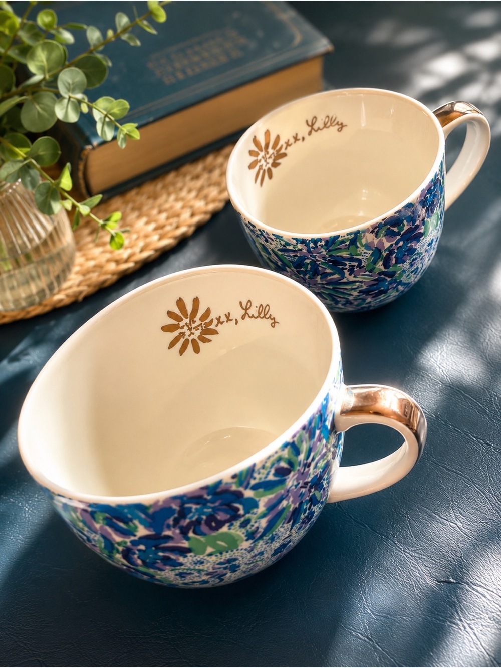 Lilly Pulitzer Blue, Aqua & Green Floral Ceramic Mugs - Set of 2